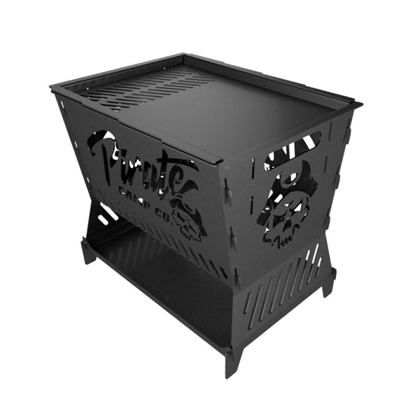 The Ultimate Collapsible BBQ Fire Pit by Pirate Camp Co, assembled with grill grate